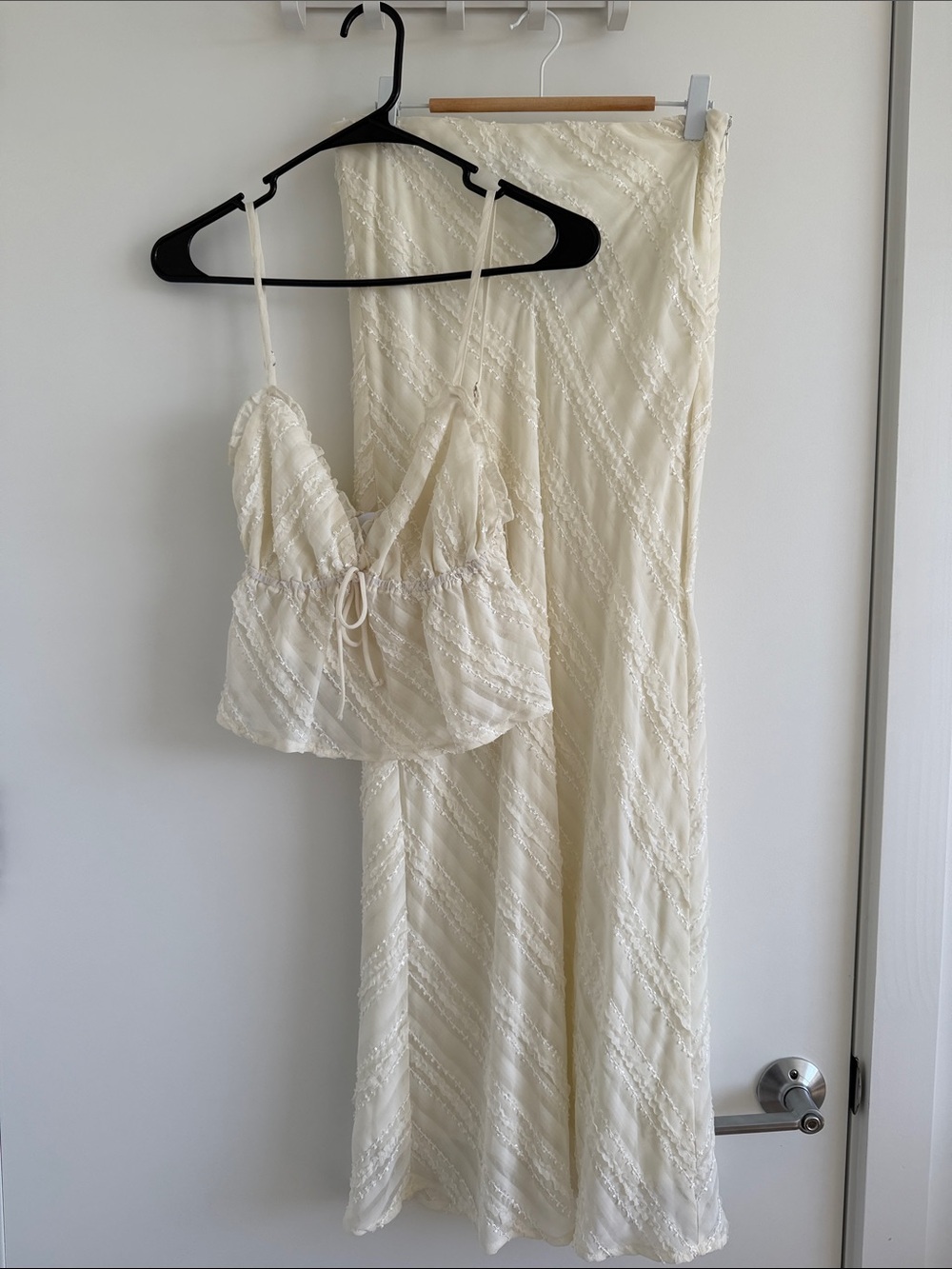 Ivory Textured Spaghetti Strap Crop Top and Maxi Skirt Set